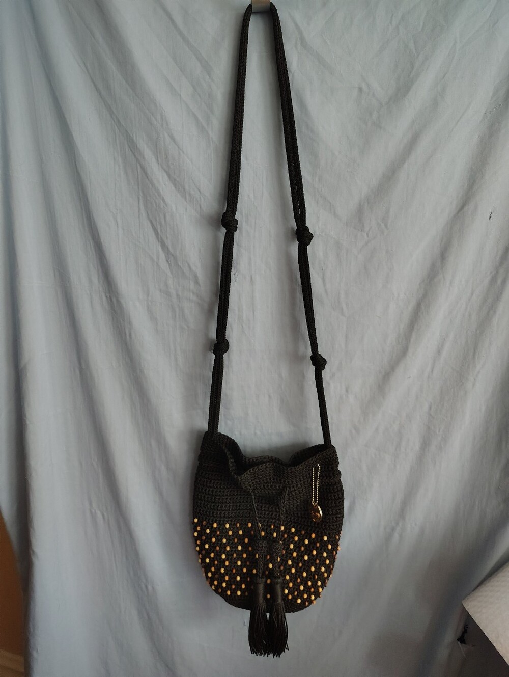 The Sak Black Crochet Crossbody Bag Wood Beads Tassel Drawstring Boho Bali - Picture 2 of 12